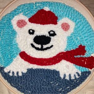 Handmade Polar Bear Embroidery Art with Red Hat and Scarf
